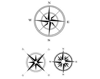 May include: Black and white compass rose illustrations. The compasses point North, South, East, and West. The compasses are circular with a star in the center. The image is on a white background.
