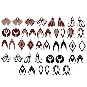 May include: A set of 24 earring designs in black, brown, and white. The designs include geometric shapes, flowers, and abstract shapes.