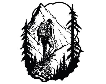 May include: Black and white illustration of a hiker with a backpack walking up a mountain path. The hiker is surrounded by trees and mountains.