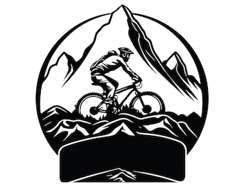 May include: Black and white illustration of a mountain biker riding a bike up a mountain. The image is in a circle with a black banner at the bottom.