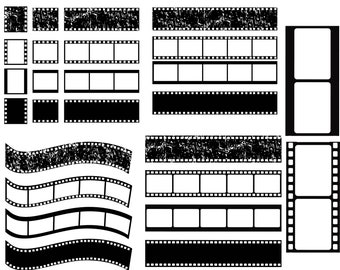 Puede incluir: Un conjunto de marcos de película en blanco y negro con textura grunge. Los marcos son de varios tamaños y formas, incluyendo un marco simple, un marco doble y un marco triple. También hay varias tiras de película que están curvadas.