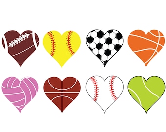 SPORT BALL HEARTS, Football, Soccer, Softball, Basketball, Volleyball, Baseball, Tennis, Svg Cutting Files, Svg Files, Digital Clipart, Png