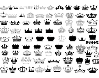 May include: A collection of 60 black and white crown silhouettes. The crowns are in various styles and designs, including traditional, modern, and ornate.