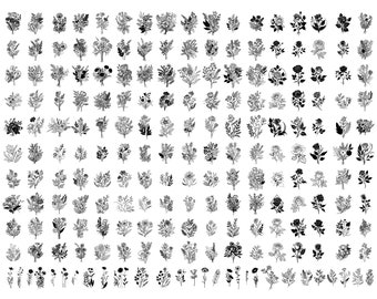 May include: A large collection of 100 black and white hand-drawn floral illustrations. The illustrations feature various types of flowers, leaves, and stems. The flowers are arranged in bouquets, wreaths, and individual stems.