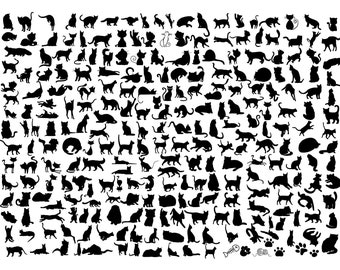 May include: A black and white illustration of a large collection of cats in various poses. The cats are all in silhouette form and are arranged in a grid pattern. There are several paw prints and a fishbone at the bottom of the image.