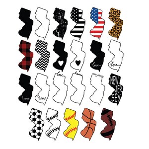 May include: A set of 16 black and white outline New Jersey state silhouette designs. The designs feature various patterns, including plaid, stripes, polka dots, and solid colours. The text "love", "home", "New Jersey", and "peace jersey" is included in some of the designs.