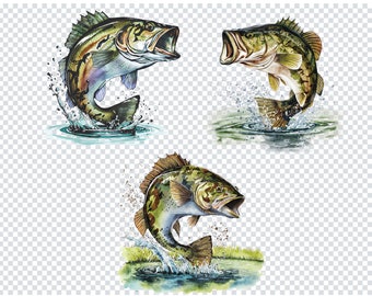 BASS FISHING WATERCOLOR  Sublimation, Jumping Bass Watercolor Png Files, Transparent Background Png
