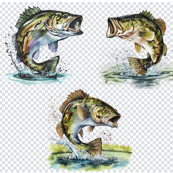 BASS FISHING WATERCOLOR  Sublimation, Jumping Bass Watercolor Png Files, Transparent Background Png