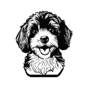 May include: Black and white illustration of a small, fluffy dog with a happy expression. The dog has a short snout and a long, curly tail.