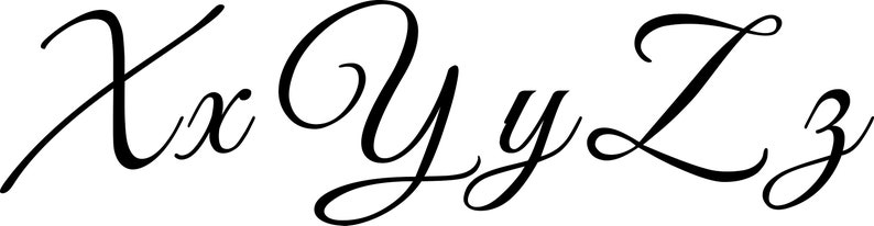 May include: A handwritten font alphabet with the letters X, Y, and Z in cursive script.