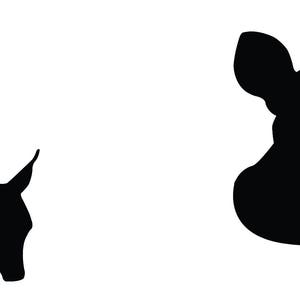 May include: Silhouettes of two deer, one standing and one with its head turned to the side.