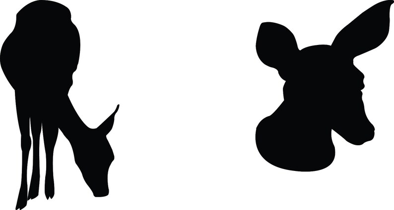 May include: Silhouettes of two deer, one standing and one with its head turned to the side.