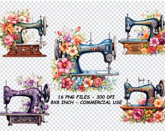 Aquarelle MACHINES À COUDRE FLORALES Clipart, Aquarelle Machines à coudre florales Fichiers Png, Fond transparent