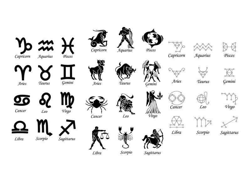 May include: Black and white illustrations of the 12 zodiac signs. Each sign is represented by a symbol and a name. The symbols are in a traditional style, while the names are written in a modern font.