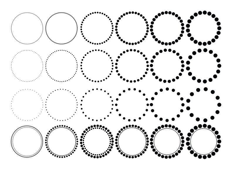 May include: A set of 24 black and white dotted circle frames. The frames are of varying sizes and are arranged in four rows of six frames each.