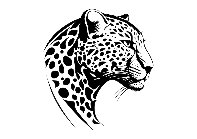 May include: Black and white illustration of a leopard's head in profile. The leopard's fur is detailed with black spots and markings. The image is a graphic design, suitable for various applications.