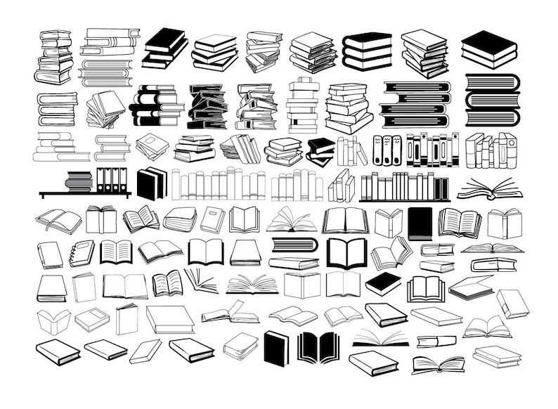May include: A collection of black and white illustrations of various types of books, including open books, closed books, and stacks of books.