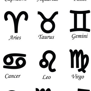 May include: Black and white illustrations of the 12 zodiac signs: Capricorn, Aquarius, Pisces, Aries, Taurus, Gemini, Cancer, Leo, Virgo, Libra, Scorpio, and Sagittarius.