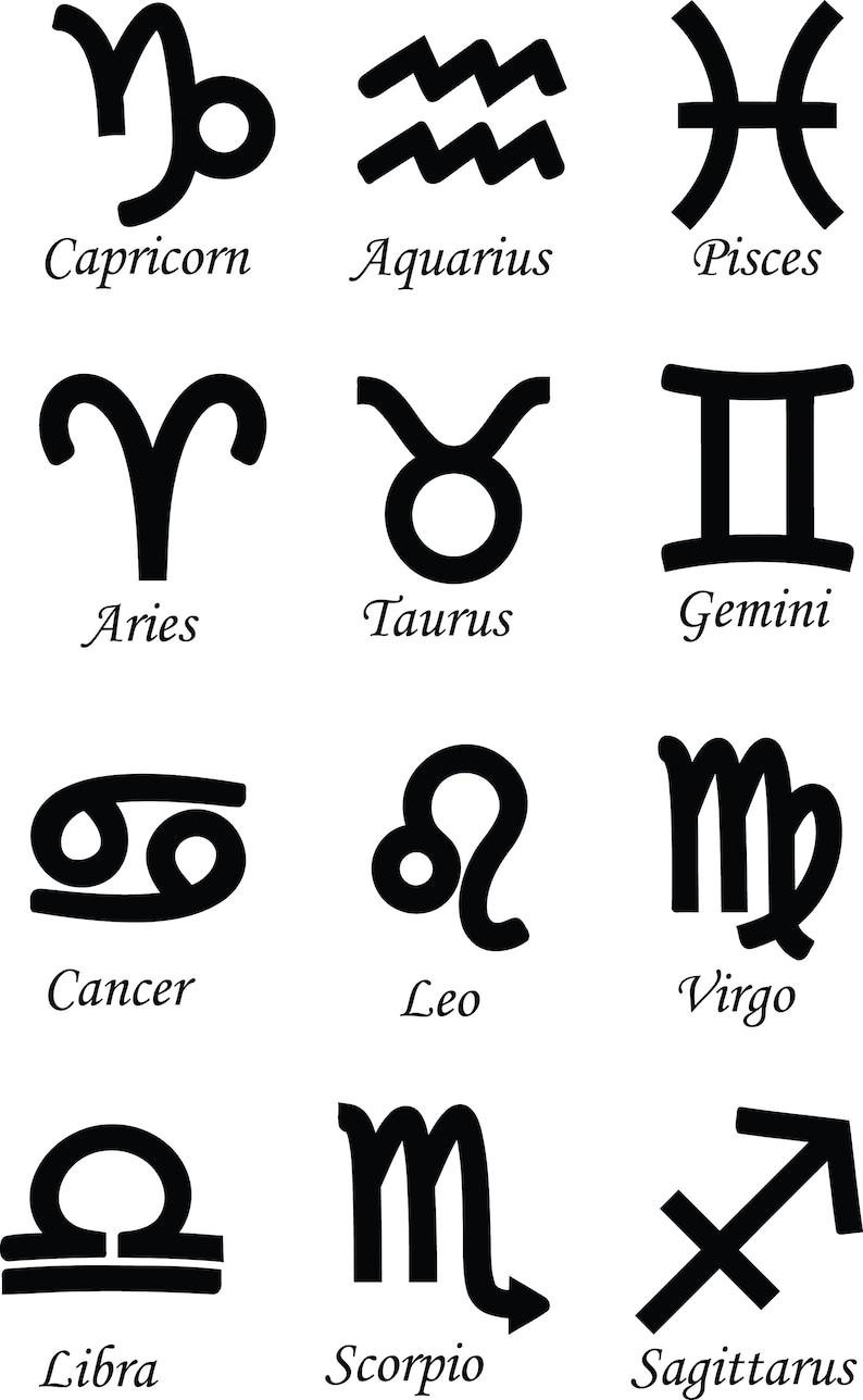 May include: Black and white illustrations of the 12 zodiac signs: Capricorn, Aquarius, Pisces, Aries, Taurus, Gemini, Cancer, Leo, Virgo, Libra, Scorpio, and Sagittarius.