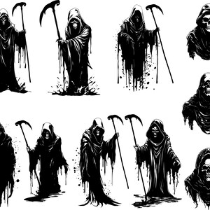 K&ouml;nnte beinhalten: Ein Satz von zehn Schwarzwei&szlig;illustrationen des Sensenmanns, jede mit einer anderen Pose und einem anderen Ausdruck. Der Sensenmann ist mit einer Sense und einem Kapuzenumhang dargestellt.