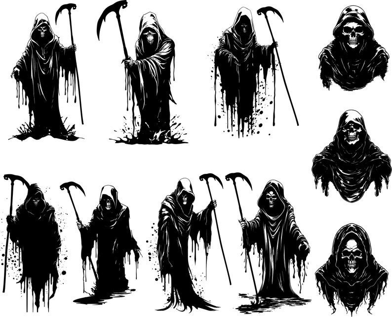 K&ouml;nnte beinhalten: Ein Satz von zehn Schwarzwei&szlig;illustrationen des Sensenmanns, jede mit einer anderen Pose und einem anderen Ausdruck. Der Sensenmann ist mit einer Sense und einem Kapuzenumhang dargestellt.