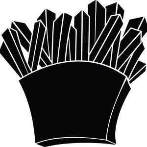 May include: Black and white silhouette of a container of french fries. The fries are stacked high in the container.