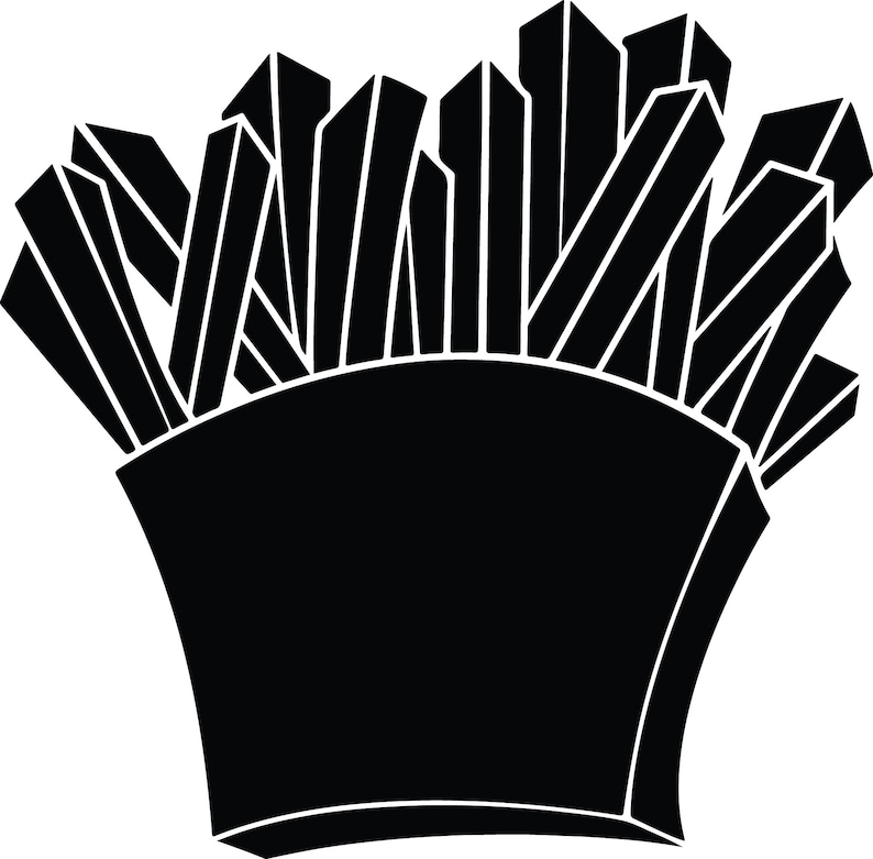 May include: Black and white silhouette of a container of french fries. The fries are stacked high in the container.
