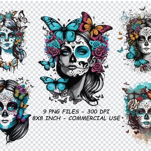 Zuckerschädel PNG, Bunter Sugar Skull Png, Tag der Toten Schädel, Sugar Skull Aquarell Png, Schädel mit Schmetterlingen Png
