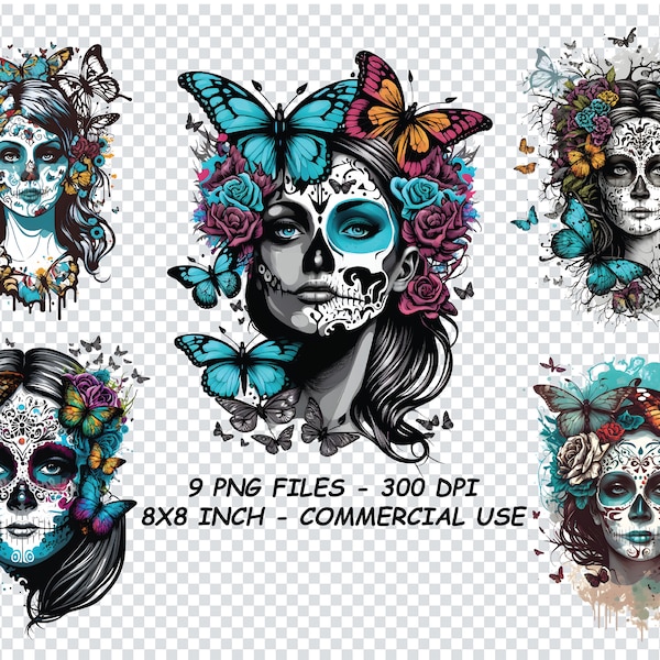 SUGAR SKULL PNG, Colorful Sugar Skull Png, Day of the Dead Skull, Sugar Skull Watercolor Png, Skull With Butterflies Png
