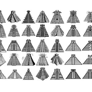 May include: A collection of 30 black and white illustrations of Mayan pyramids. Each pyramid design varies in detail, showcasing different architectural styles and levels of complexity, all set against a plain white background.