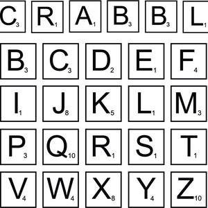 Op de afbeelding: Een raster van Scrabble-tegels, elk met een letter en puntwaarde. De tegels zijn in een zwart-wit kleurenschema, met de letters in een vetgedrukte, schreefloze lettertype. De tegels zijn gerangschikt in een raster.