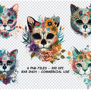 Zuckerschädel Katze Png, Zuckerschädel Katze Png, Tag der Toten Schädel, Zuckerschädel Katze Aquarell Png, Transparenter Hintergrund