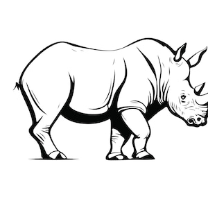 May include: A black and white line drawing of a rhinoceros standing on all fours. The rhinoceros is facing to the left and has a large horn on its nose.