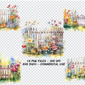 Clipart DI RECINZIONI DEL GIARDINO DELL'ACQUERELLO, Recinzioni del giardino Png, Png floreale primaverile, Png di sfondo trasparente