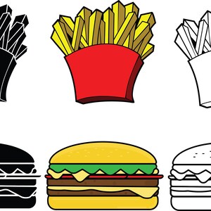 May include: A set of six illustrations depicting a burger and french fries in various styles. The illustrations include a black and white outline, a black silhouette, and a colored version. The burger is a classic cheeseburger with lettuce, tomato, and cheese. The french fries are in a paper container.