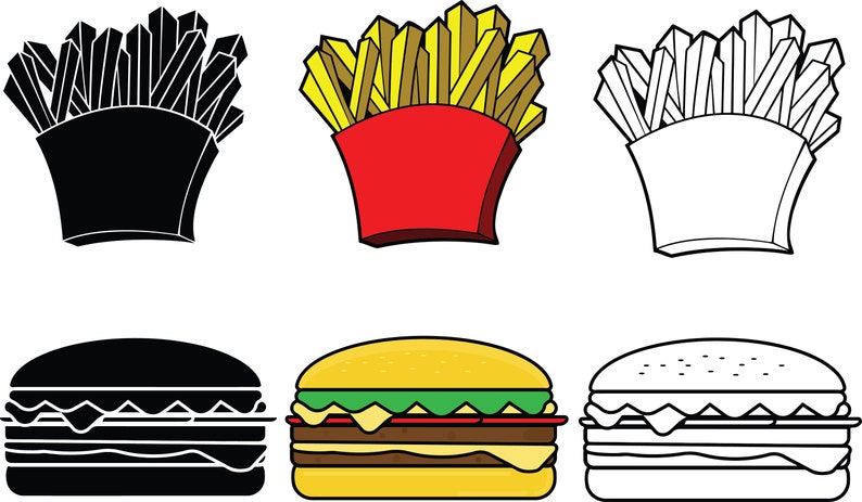 May include: A set of six illustrations depicting a burger and french fries in various styles. The illustrations include a black and white outline, a black silhouette, and a colored version. The burger is a classic cheeseburger with lettuce, tomato, and cheese. The french fries are in a paper container.