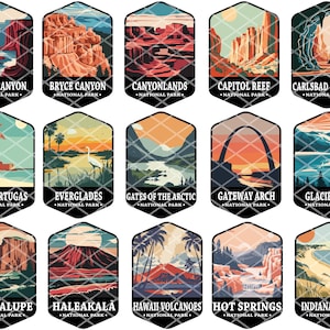 May include: A collection of 15 illustrated national park badges. Each badge features a colorful landscape scene and the name of the park, such as "Black Canyon National Park" and "Bryce Canyon National Park".