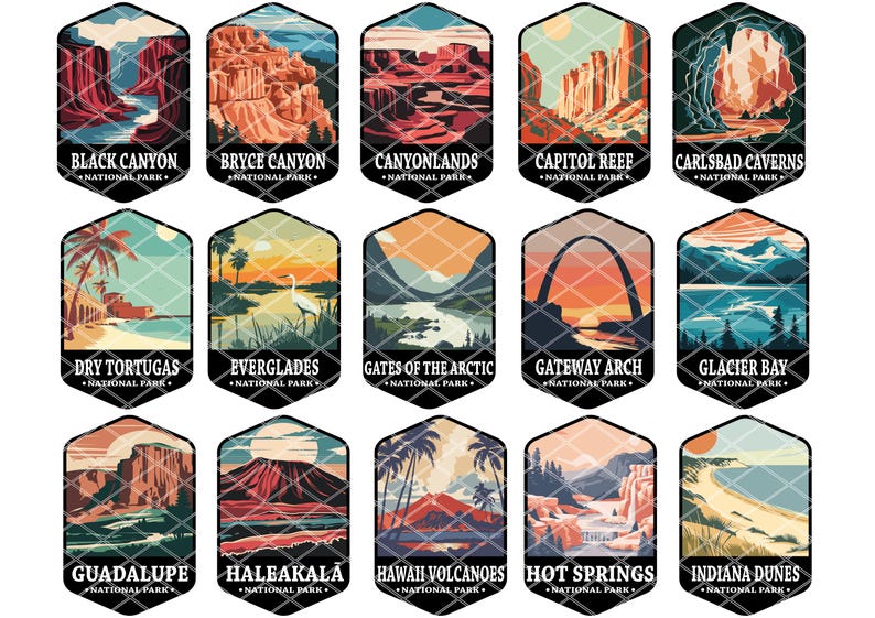May include: A collection of 15 illustrated national park badges. Each badge features a colorful landscape scene and the name of the park, such as "Black Canyon National Park" and "Bryce Canyon National Park".