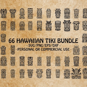 Puede incluir: Un conjunto de 66 ilustraciones de máscaras tiki hawaianas en blanco y negro. Las máscaras son de varios estilos y diseños. El texto "66 Hawaiian Tiki Bundle" está en la parte superior de la imagen. El texto "SVG/PNG/EPS/DXF" está debajo del título. El texto "Personal or Commercial Use" está debajo de los tipos de archivos.