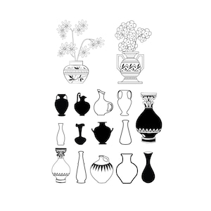 May include: A collection of black and white silhouette illustrations of various vases and flower pots. Some of the vases have decorative patterns. The image includes a vase with a flower arrangement.