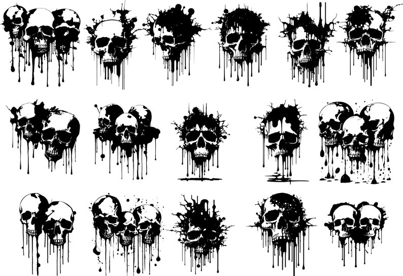 K&ouml;nnte beinhalten: Ein Satz von 10 Schwarzwei&szlig;-Digitalillustrationen von Sch&auml;deln mit tropfender Farbe. Die Sch&auml;del sind in verschiedenen Posen und haben unterschiedliche Gesichtsausdr&uuml;cke. Die Illustrationen eignen sich perfekt f&uuml;r die Verwendung in Grafikdesign, Webdesign oder anderen kreativen Projekten.