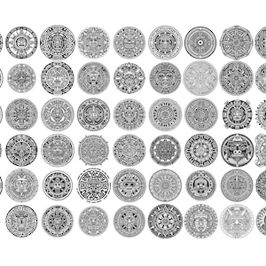 May include: A set of 49 black and white circular designs featuring intricate patterns and stylized faces. The designs are reminiscent of ancient Aztec or Mayan art.