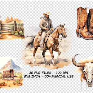 WATERCOLOR WESTERN CLIPART, Texas cowboy Png Files, Transparent Background Png