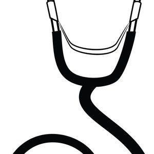 Puede incluir: Una ilustraci&oacute;n en blanco y negro de un estetoscopio. El estetoscopio tiene un tubo largo con una cabeza circular en el extremo.