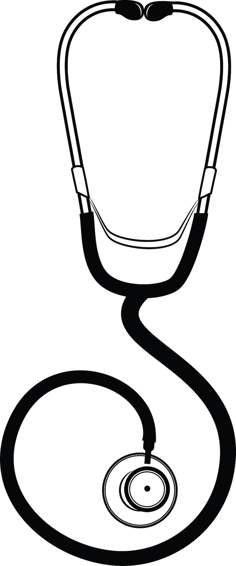 Puede incluir: Una ilustraci&oacute;n en blanco y negro de un estetoscopio. El estetoscopio tiene un tubo largo con una cabeza circular en el extremo.