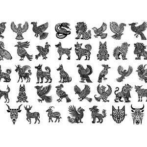 May include: Black and white illustrations of various animals, including birds, snakes, dogs, and mythical creatures. The illustrations are stylized and detailed, with intricate patterns and designs.
