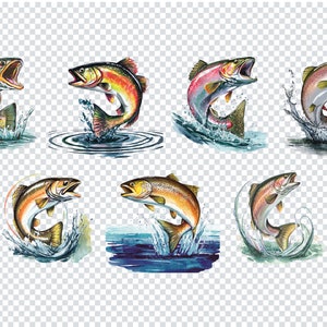Può includere: Sei illustrazioni ad acquerello di trote che saltano fuori dall'acqua. Le trote sono raffigurate in varie pose, con le pinne spiegate e le bocche aperte. L'acqua è raffigurata in tonalità di blu e verde, con spruzzi di bianco.