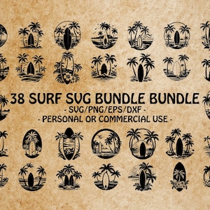 Puede incluir: Un conjunto de 38 diseños SVG de temática surf en blanco y negro. Los diseños presentan palmeras, tablas de surf y olas. El texto "38 SURF SVG BUNDLE BUNDLE -SUG/PNG/EPS/DXF- - PERSONAL OR COMMERCIAL USE -" se muestra debajo de los diseños.
