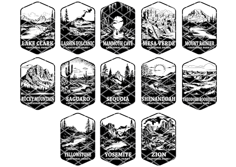 K&ouml;nnte beinhalten: Schwarz-wei&szlig;-Illustrationen von Nationalparks in den Vereinigten Staaten. Jede Illustration zeigt eine einzigartige Landschaft und den Namen des Parks, darunter "Lake Clark National Park", "Lassen Volcanic National Park", "Mammoth Cave National Park", "Mesa Verde National Park", "Mount Rainier National Park", "Rocky Mountain National Park", "Saguaro National Park", "Sequoia National Park", "Shenandoah National Park", "Theodore Roosevelt National Park", "Yellowstone National Park", "Yosemite National Park" und "Zion National Park".