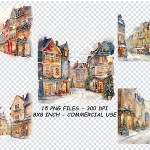WATERCOLOR CHRISTMAS STREET Clipart, Christmas Street Clipart Png, Christmas Street Png For Commercial Use Transparent Background